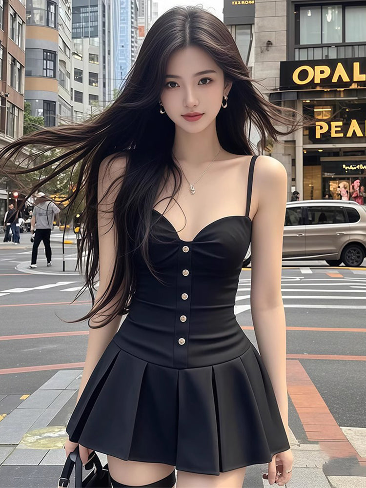 Pure desire style sexy black suspender dress new style waist slimming A-line short skirt R3393