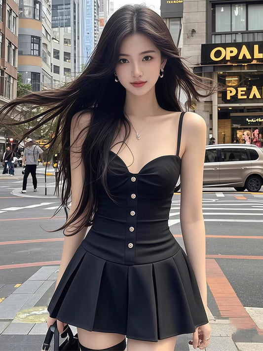 Pure desire style sexy black suspender dress new style waist slimming A-line short skirt R3393