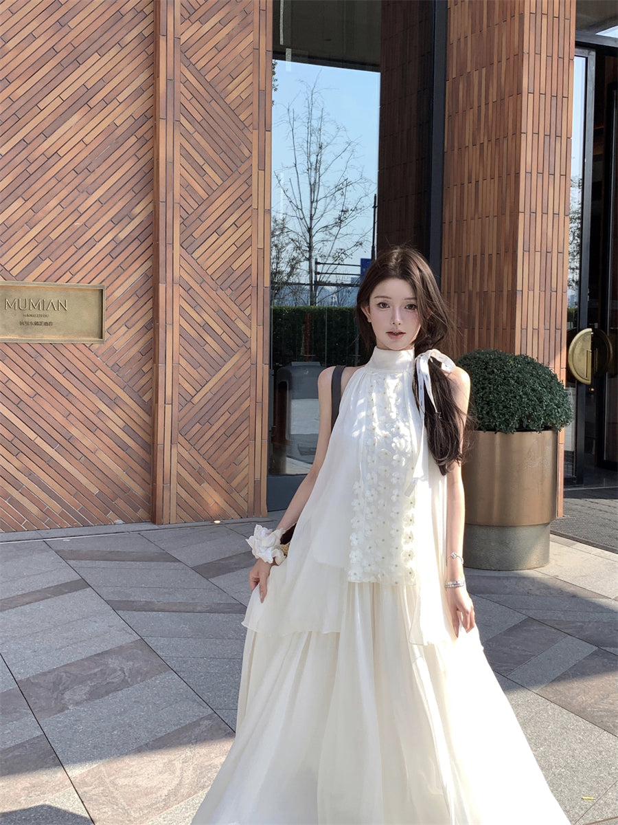 Beautiful suit outfit first love white floral halter neck top skirt two piece skirt R0689