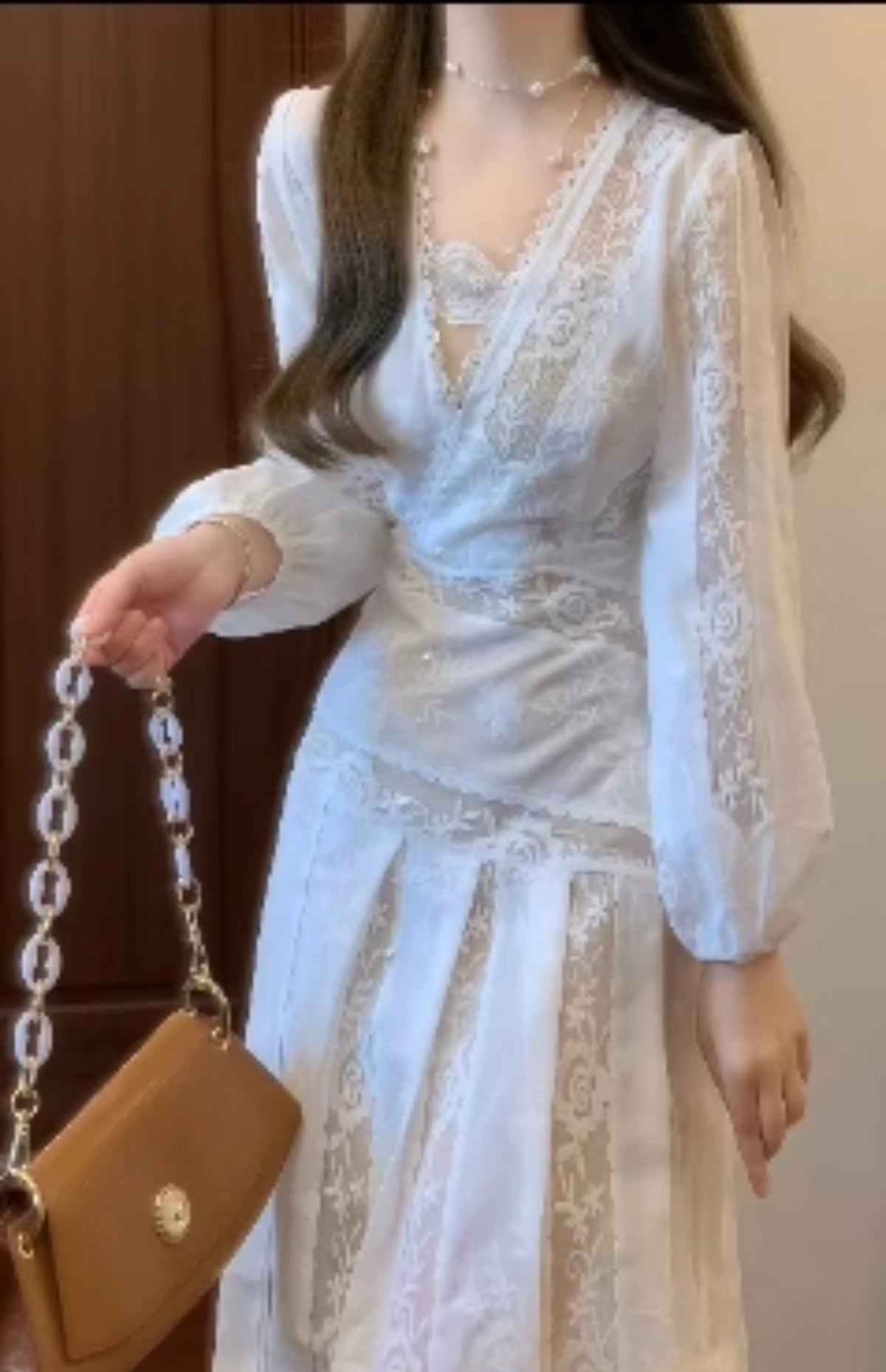 Lace patchwork long-sleeved dress gentle temperament waist A-line long skirt R0690