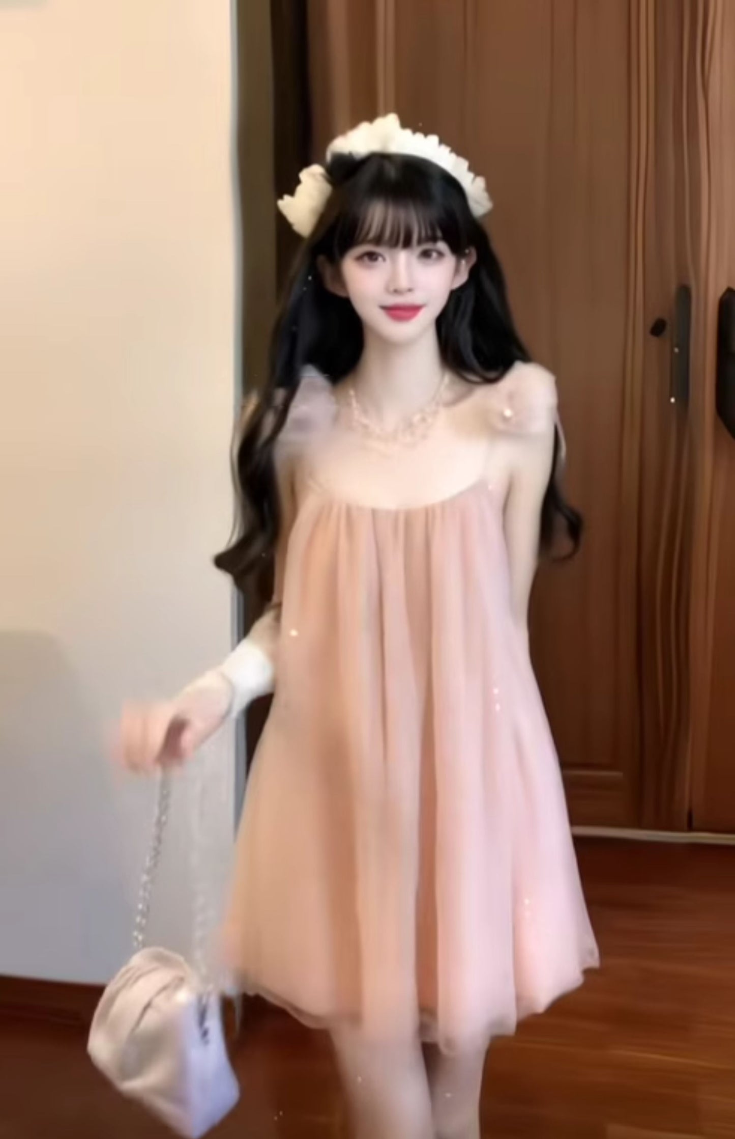 Gentle temperament pink mesh suspender dress high-grade loose A-line short skirt R0820