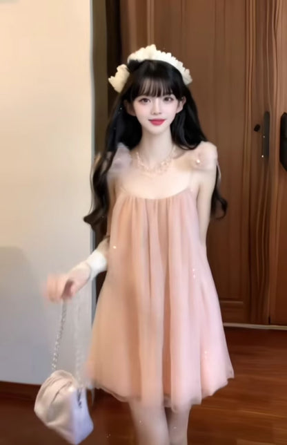 Gentle temperament pink mesh suspender dress high-grade loose A-line short skirt R0820