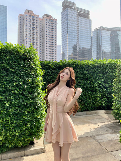 Pink V-neck sleeveless vest dress gentle temperament waist A-line short skirt R0844