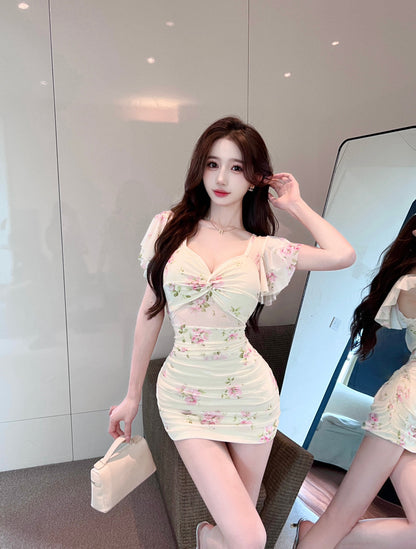 Mesh floral dress sexy internet celebrity temperament waist pleated slim hip skirt R3752