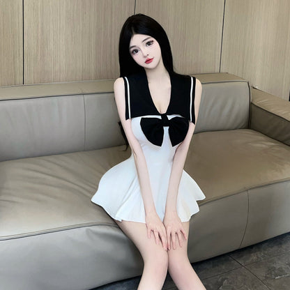 Pure girl style color matching navy collar sailor dress bow slim mini short uniform vest dress R3755