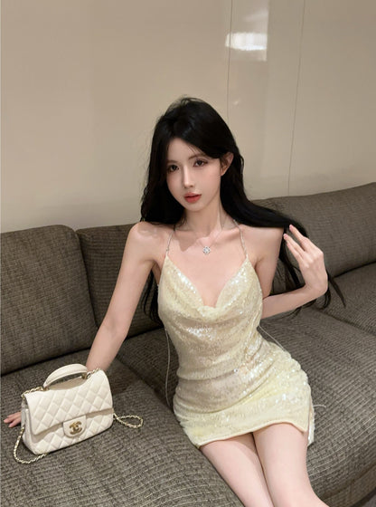 High-end halter neck open back sequined dress pure sexy high waist slim fit dress R3754