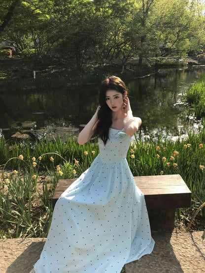 Gentle temperament blue polka dot suspender dress beautiful waist A-line long skirt R0714