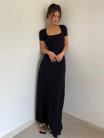 Summer French Square Neck Dress Slim Fit Short Sleeves Knee-Length Temperament Long Dress R3028