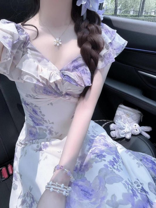 Purple chiffon floral dress for women 2025 summer beautiful waist long dress homecoming dress R3013