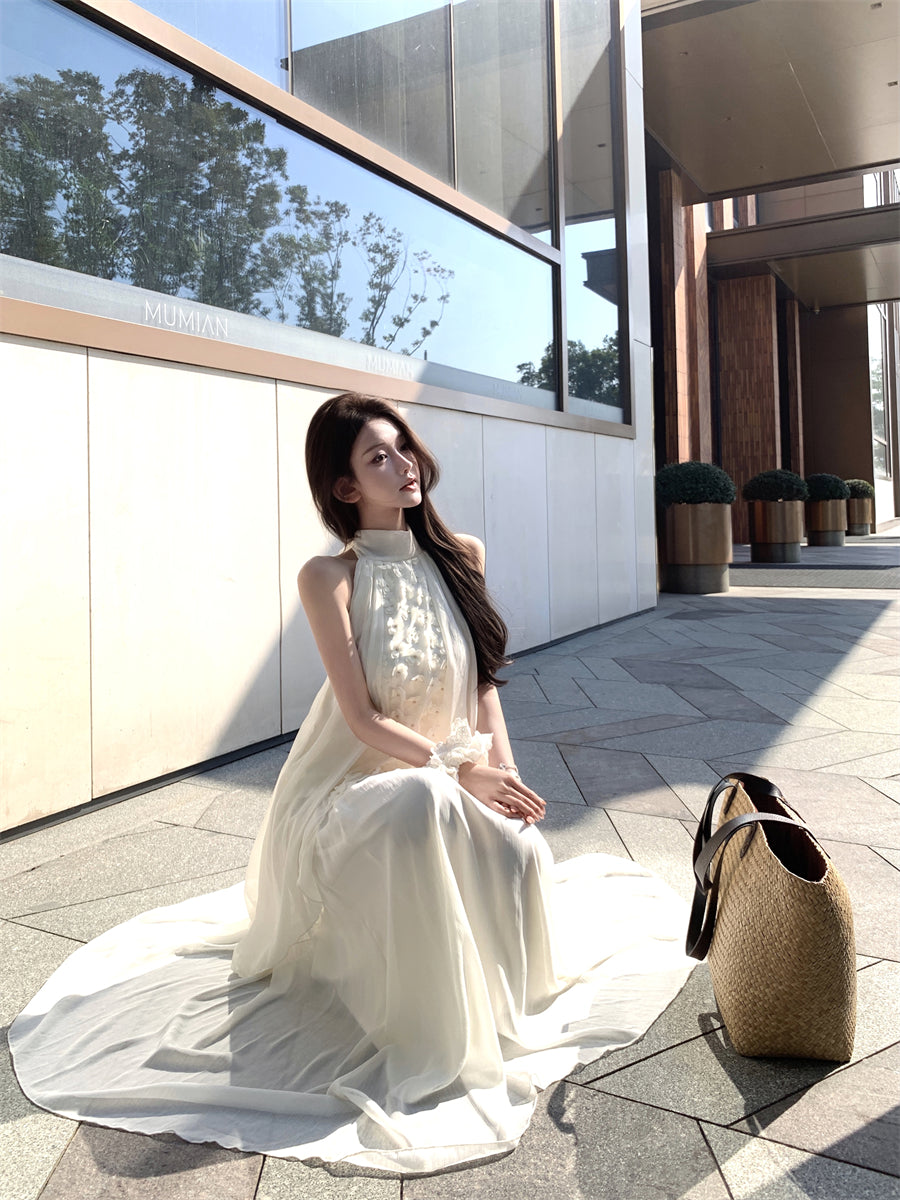 Beautiful suit outfit first love white floral halter neck top skirt two piece skirt R0689