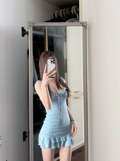 Sexy retro blue suspender dress beautiful waist slim a-line short skirt R0724
