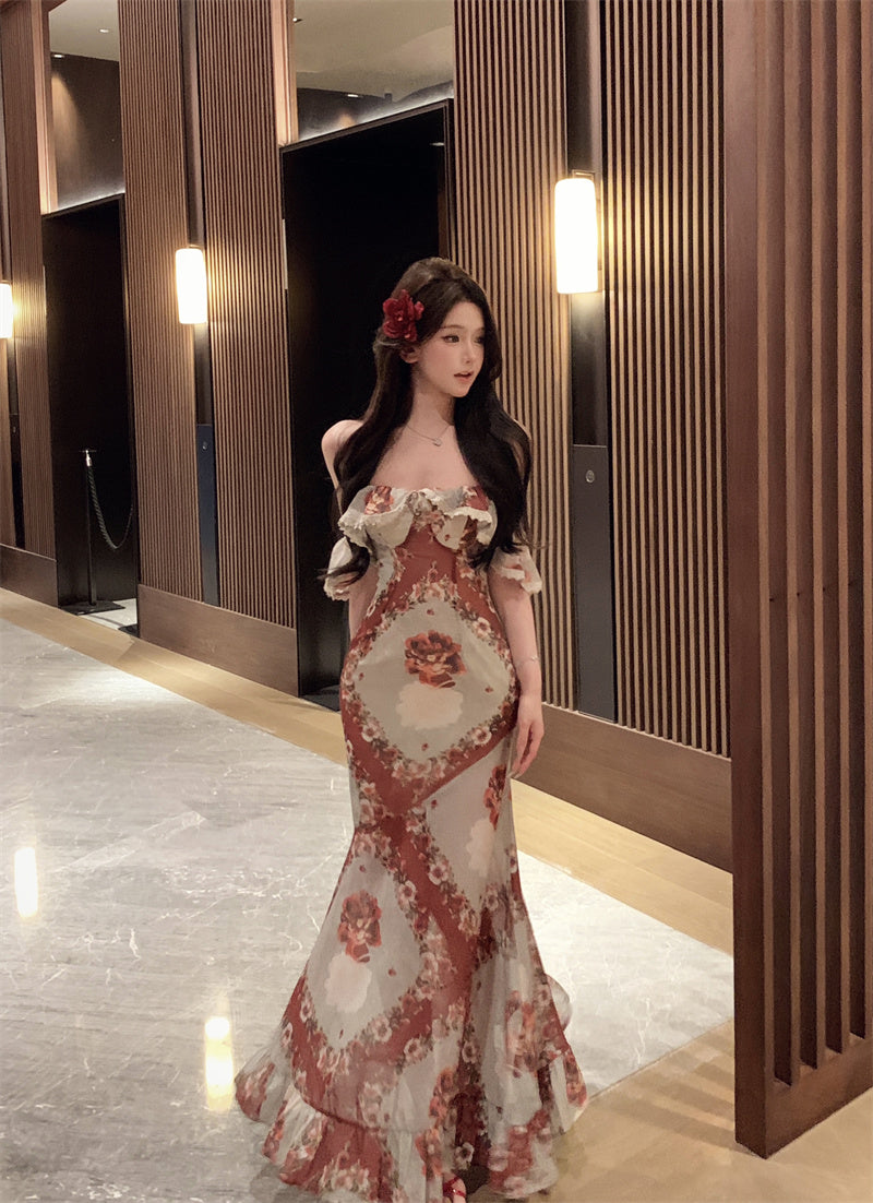 Retro tube top floral dress beautiful waist slim hip skirt R0573