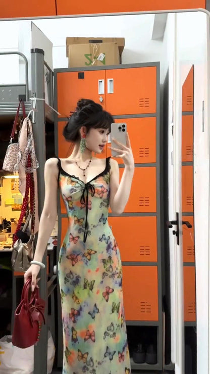 Floral suspender dress with gentle temperament, slim waist and hip skirt R0574