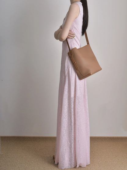 Pink suspender dress, beautiful waist temperament long dress R0533