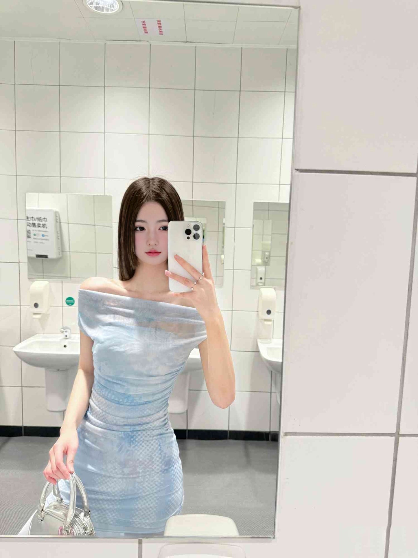 Blue floral mesh one-shoulder dress with gentle temperament and beautiful waist R0608