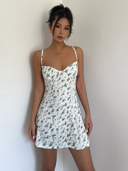 European and American style low-cut backless sexy suspender floral dress high waist slim A-line hip skirt R3038