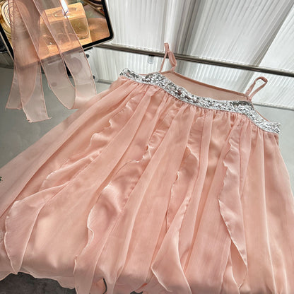 Cute A Line Spaghetti Straps Pink Chiffon Summer Dress Holiday Short Party Outfits For Women DP0102
