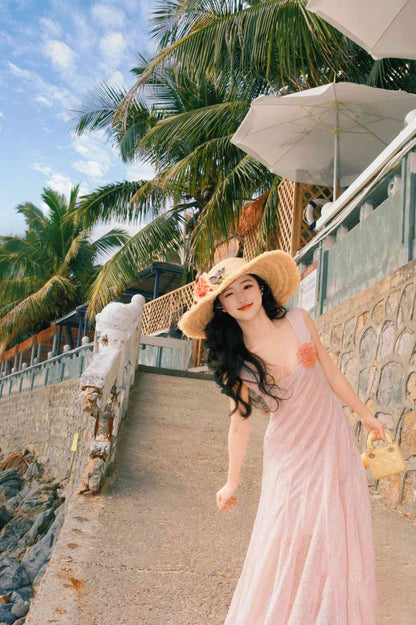 Pink lace suspender dress unique waist temperament long skirt R0496