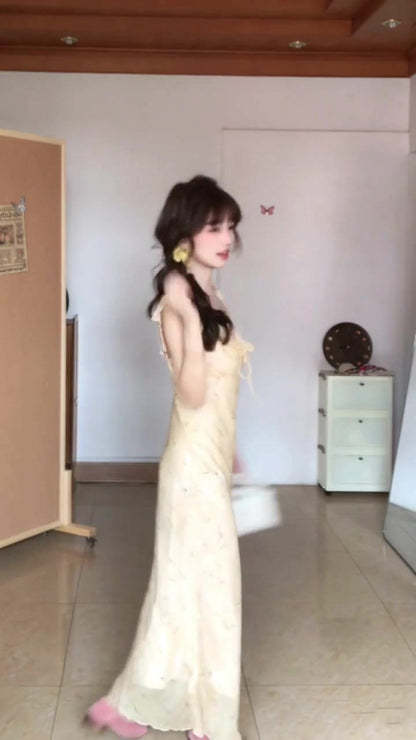 Gentle style yellow v-neck floral dress beautiful temperament waist slim long dress R0503