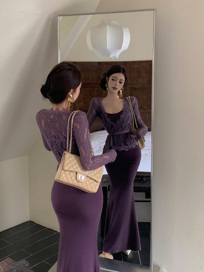 Purple lace cardigan slim fit hip fishtail sling dress two piece suit royal sister skirt R0505
