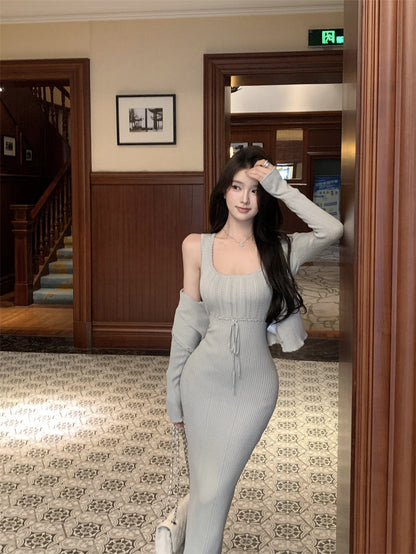Sexy pink knitted suspender dress gentle temperament waist slim hip skirt R0502
