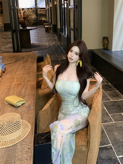 Green floral tube top dress sexy waist slim hip skirt R0626