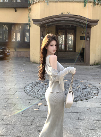 Sexy pink knitted suspender dress gentle temperament waist slim hip skirt R0502