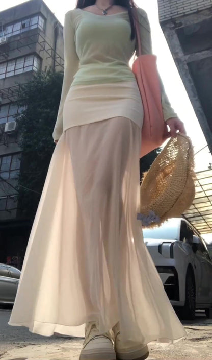 2025 Cool and Relaxed Wear Set Green Long-sleeved T-shirt Vest Skirt Three-piece Set R0497