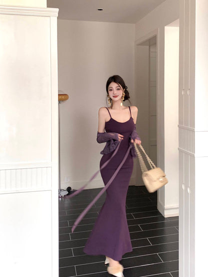 Purple lace cardigan slim fit hip fishtail sling dress two piece suit royal sister skirt R0505