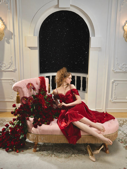 French style one-shoulder waist fishbone dress red evening dress homecoming dress R5153