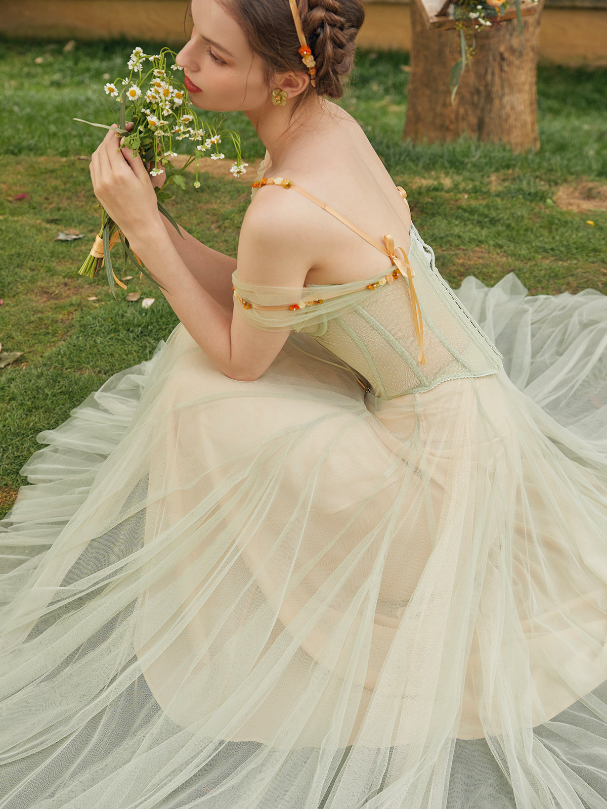 French Green Fairy Dress Set Heavy Fishbone Corset Top Tulle Skirt Homecoming Dress R5144