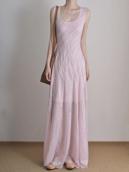 Pink suspender dress, beautiful waist temperament long dress R0533