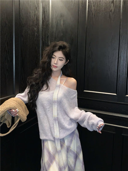 Gentle temperament purple plaid suspender dress beautiful waist A-line long skirt R0734