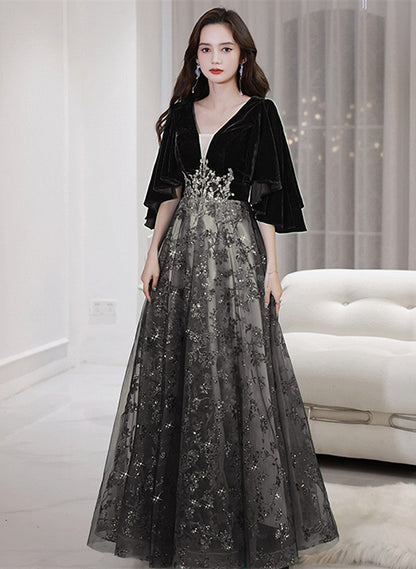 Black Tulle and Velvet Chic Long A-line Prom Dress, Black Formal Dress