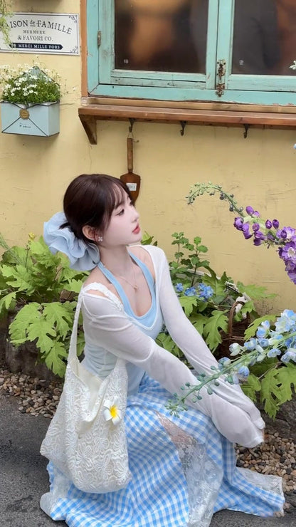 Women's suit beautiful long-sleeved T-shirt blue halter neck vest skirt three-piece suit R0695
