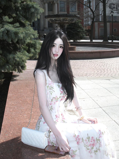 New gentle temperament suspender floral dress beautiful waist A-line long skirt R0696