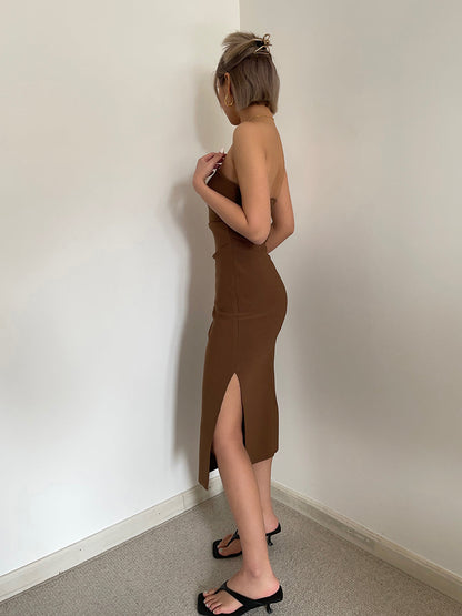 Hot girl sexy slit tube top dress slim fit medium length hip waist dress high-end long skirt R3037
