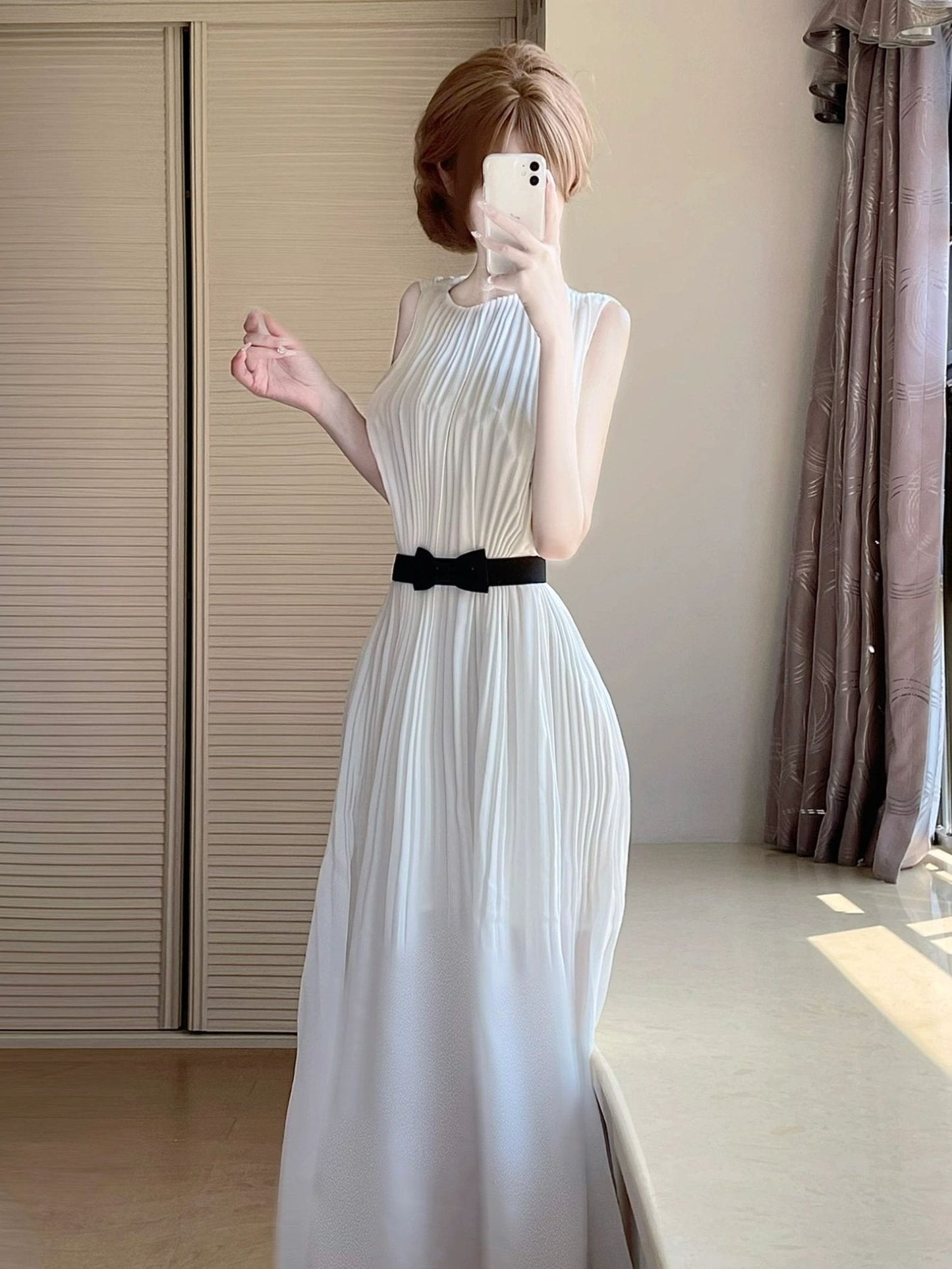 Gentle style white sleeveless chiffon dress temperament waist A-line long skirt R0743