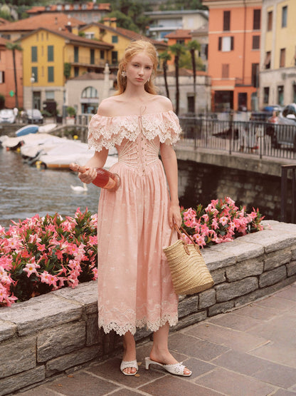 Pink Champagne French Embroidered Fishbone Dress Pink Hollow One Shoulder Maxi Dress R5111