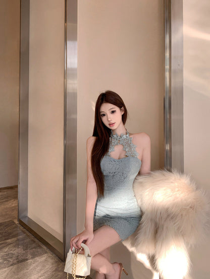 Sexy halter neck slim fit hip skirt hollow dress dress R0544