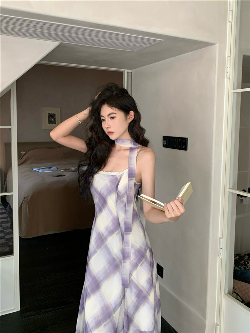 Gentle temperament purple plaid suspender dress beautiful waist A-line long skirt R0734