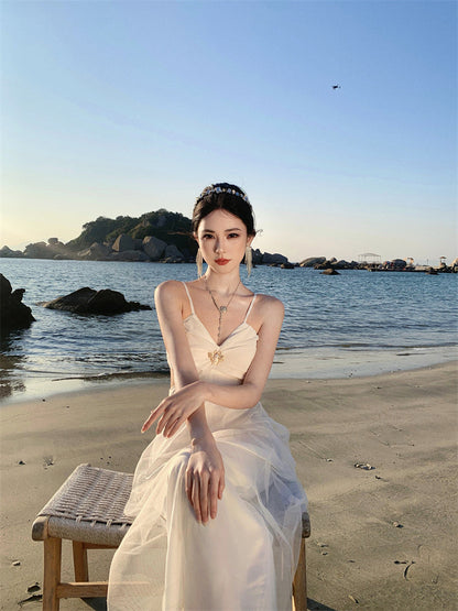 White hollow suspender dress gentle temperament waist backless A-line long skirt R0596