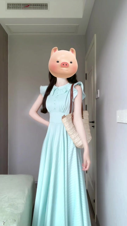 French blue small flying sleeve dress for vacation, beautiful, unique, gentle, waist-length dress R0448