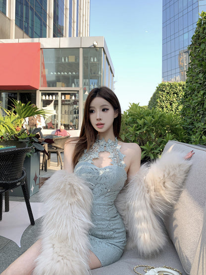 Sexy halter neck slim fit hip skirt hollow dress dress R0544