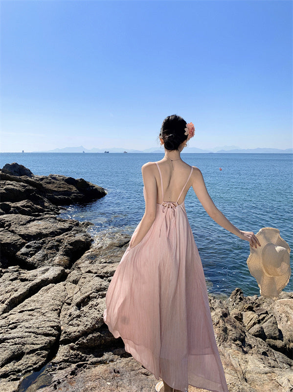 Pink flower suspender dress beautiful small skirt temperament long skirt R0521