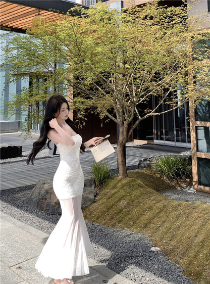 White lace suspender dress beautiful waist hip skirt R0526