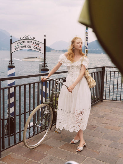 French design fishbone dress pure white hollow one shoulder long dress for women R5074