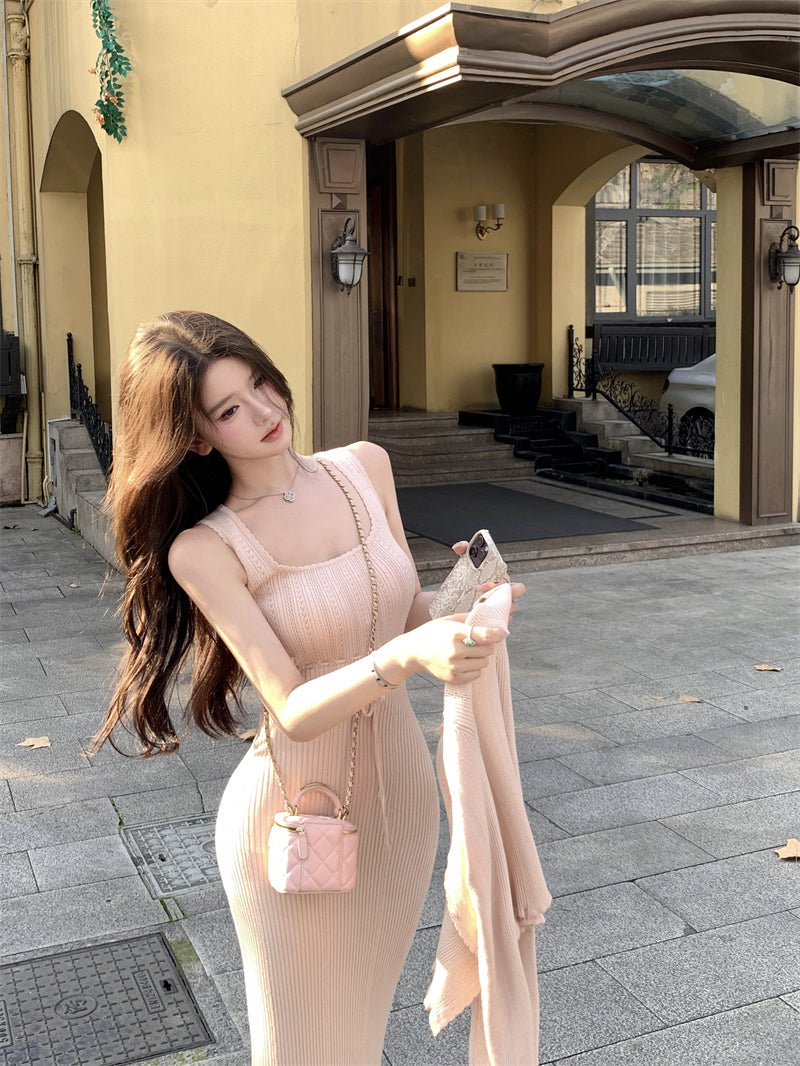 Sexy pink knitted suspender dress gentle temperament waist slim hip skirt R0502