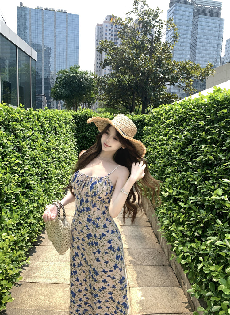 Tea break floral suspender dress gentle temperament waist slim fit A-line skirt R0499