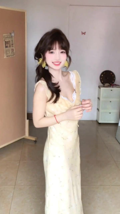 Gentle style yellow v-neck floral dress beautiful temperament waist slim long dress R0503
